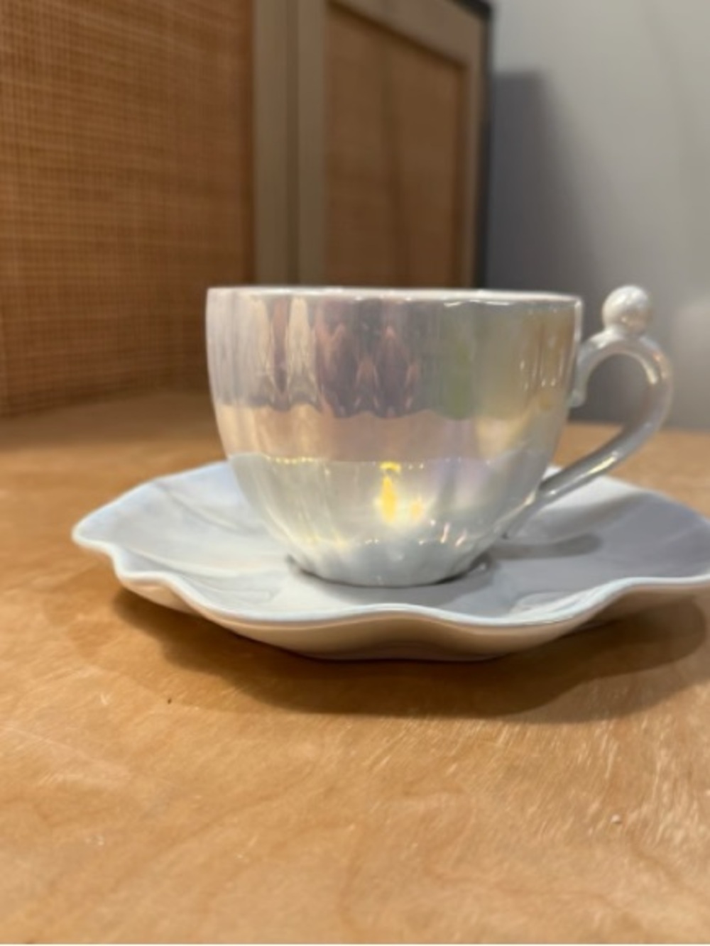 Pearlescent White Ceramic Mug with Saucer